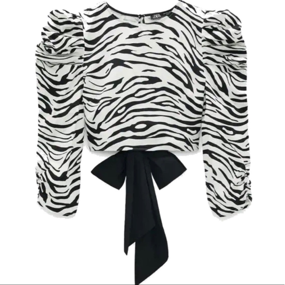 Zara Zebra Print Puff Sleeve Crop Top with Bow Tie